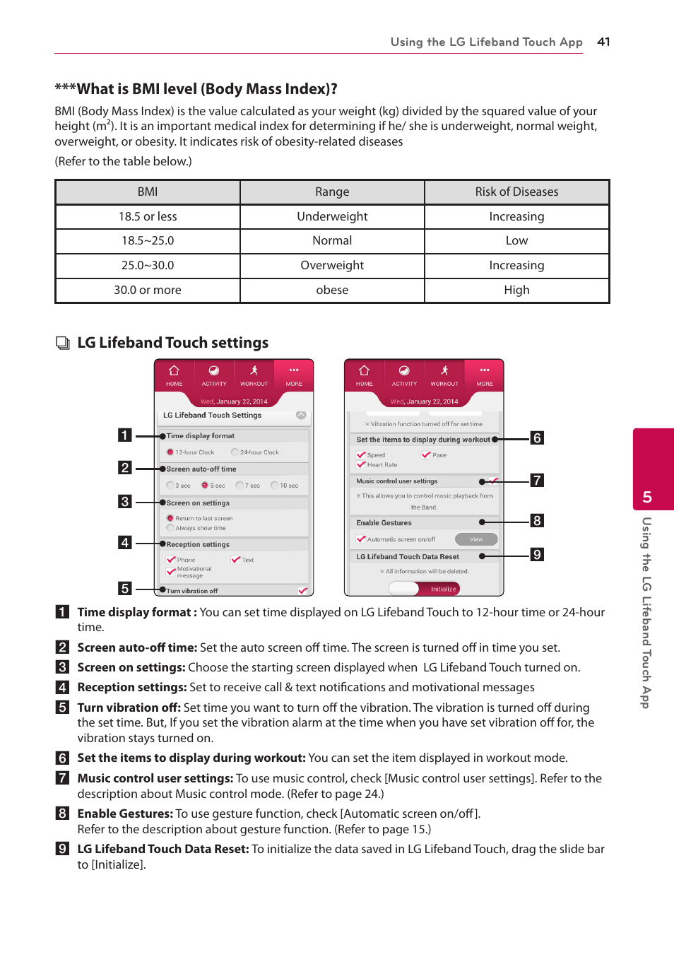 What is bmi level (body mass index), Lg lifeband touch settings | LG FB84-BM User Manual | Page 41 / 50