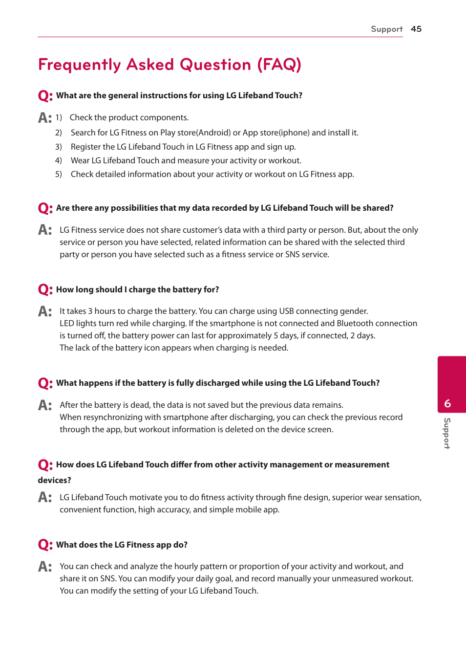 6 support, Frequently asked question (faq) | LG FB84-BM User Manual | Page 45 / 50