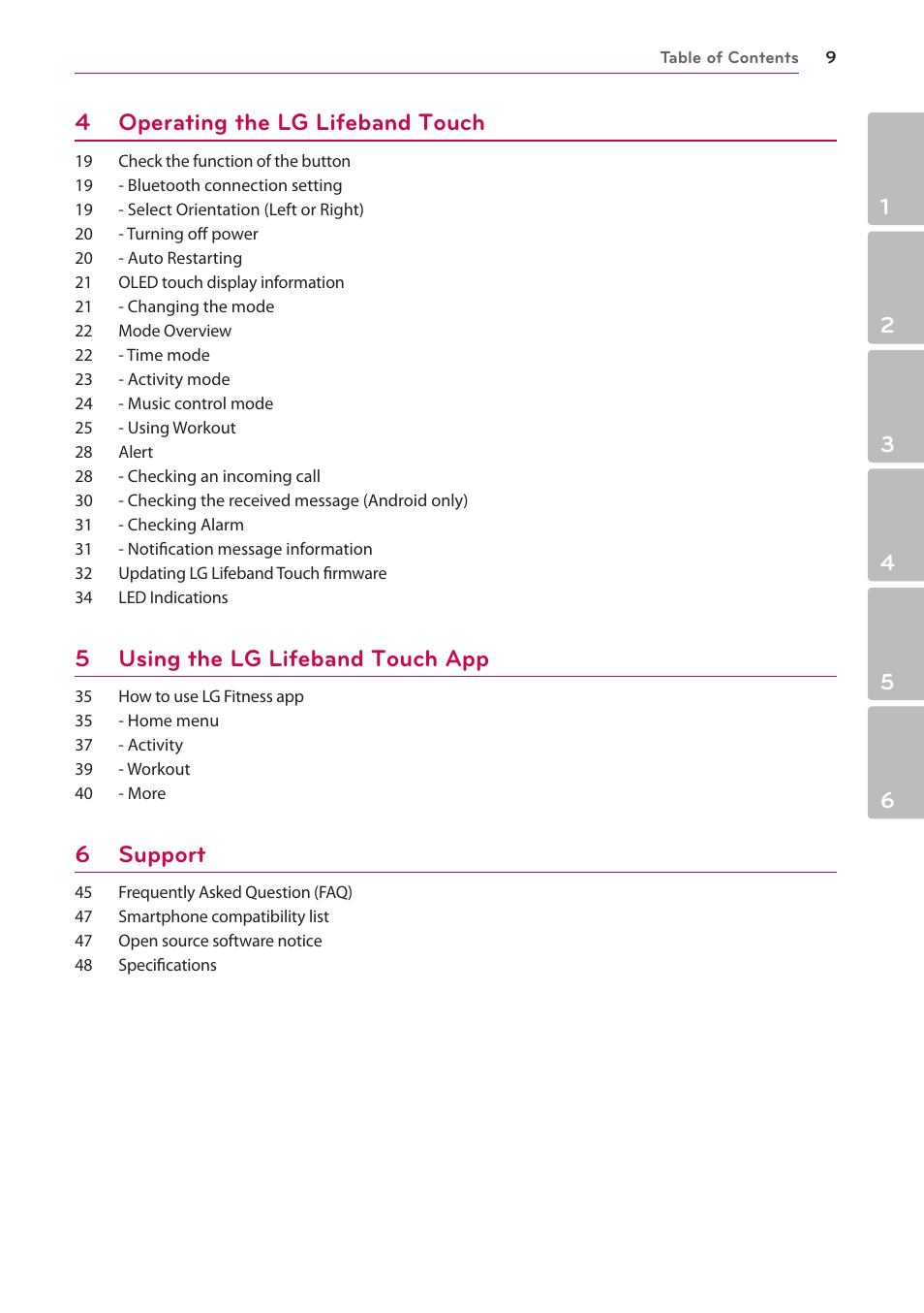 4 operating the lg lifeband touch, 5 using the lg lifeband touch app, 6 support | LG FB84-BM User Manual | Page 9 / 50