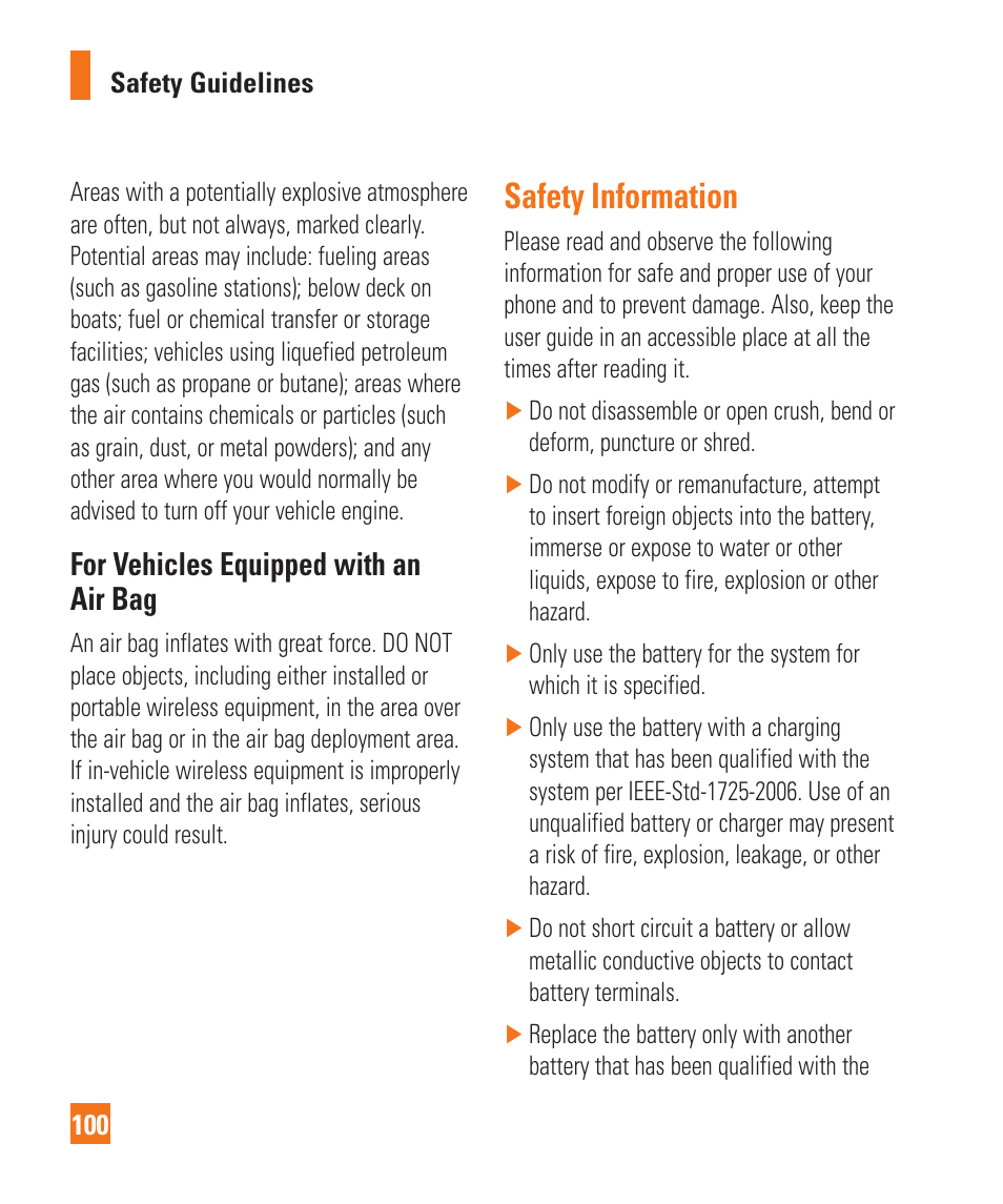 Safety information, For vehicles equipped with an air bag | LG C395 User Manual | Page 100 / 120