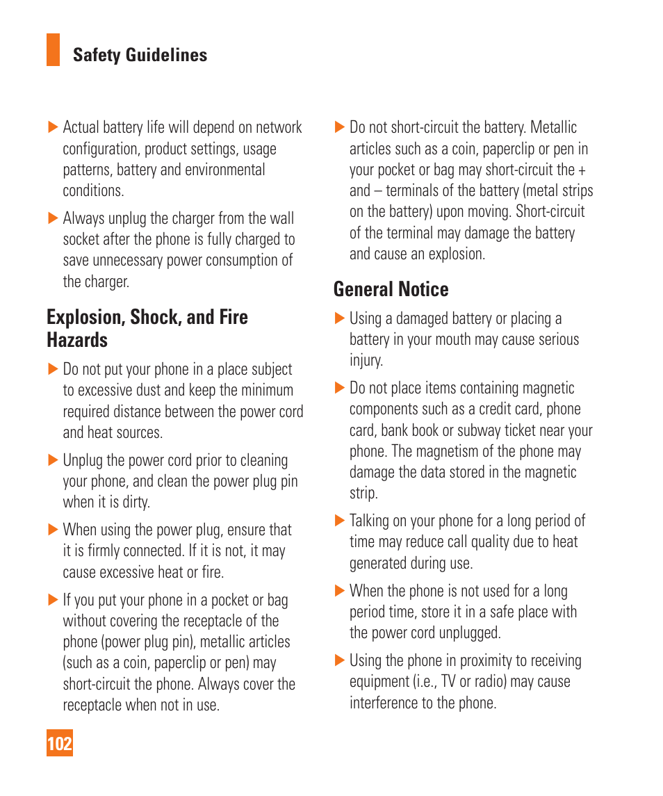 Explosion, shock, and fire hazards, General notice | LG C395 User Manual | Page 102 / 120