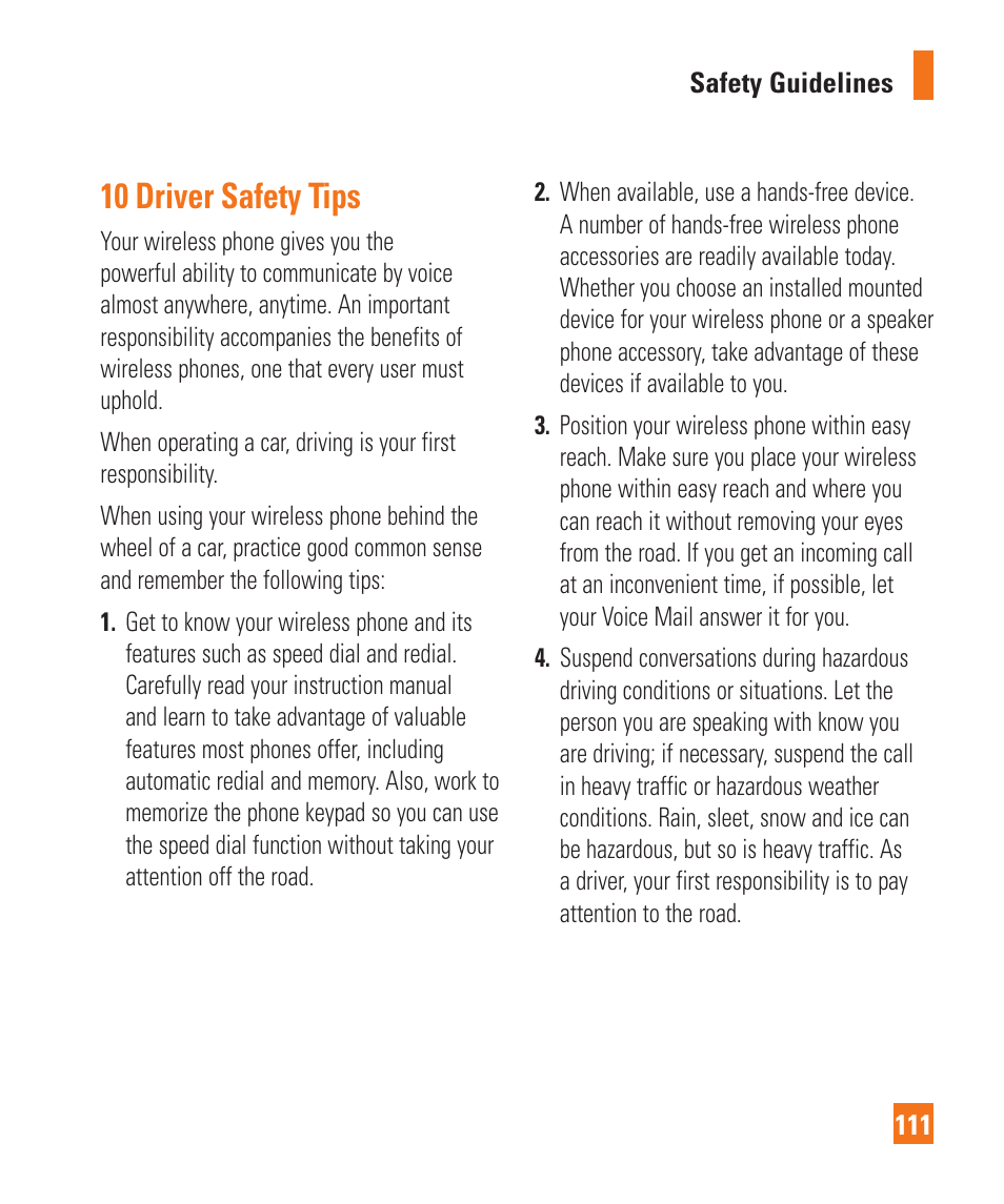 10 driver safety tips | LG C395 User Manual | Page 111 / 120