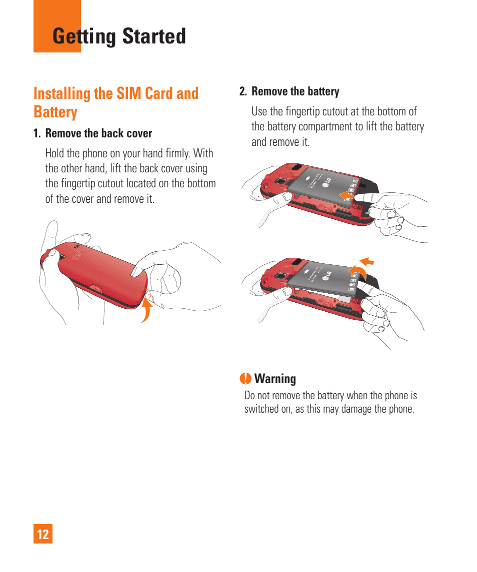 Getting started, Installing the sim card and battery | LG C395 User Manual | Page 12 / 120