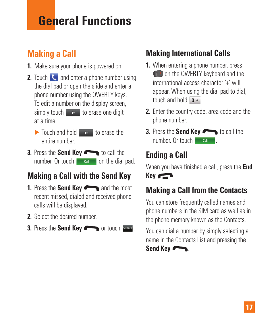 General functions, Making a call, Making a call with the send key | Making international calls, Ending a call, Making a call from the contacts | LG C395 User Manual | Page 17 / 120