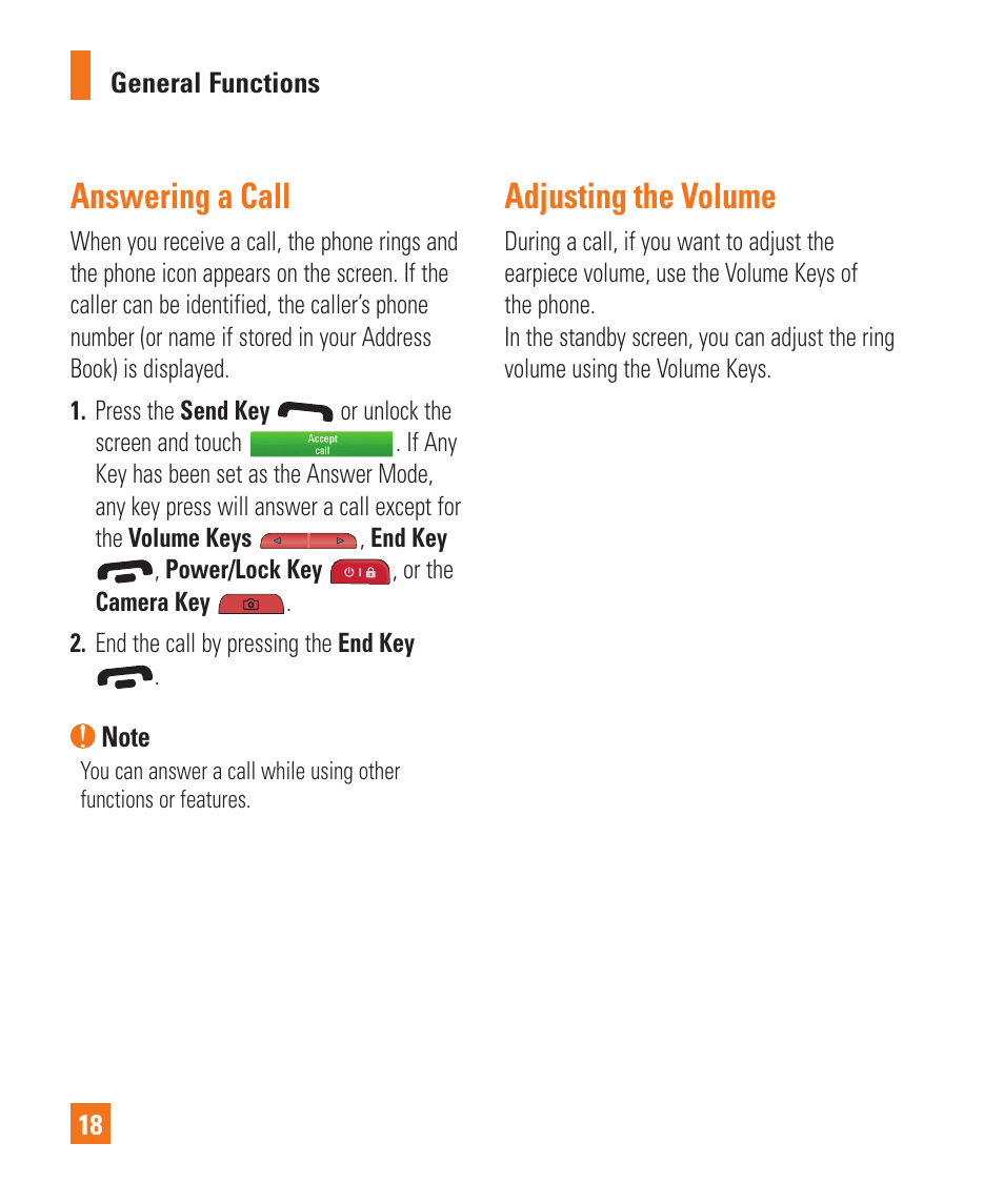 Answering a call, Adjusting the volume | LG C395 User Manual | Page 18 / 120