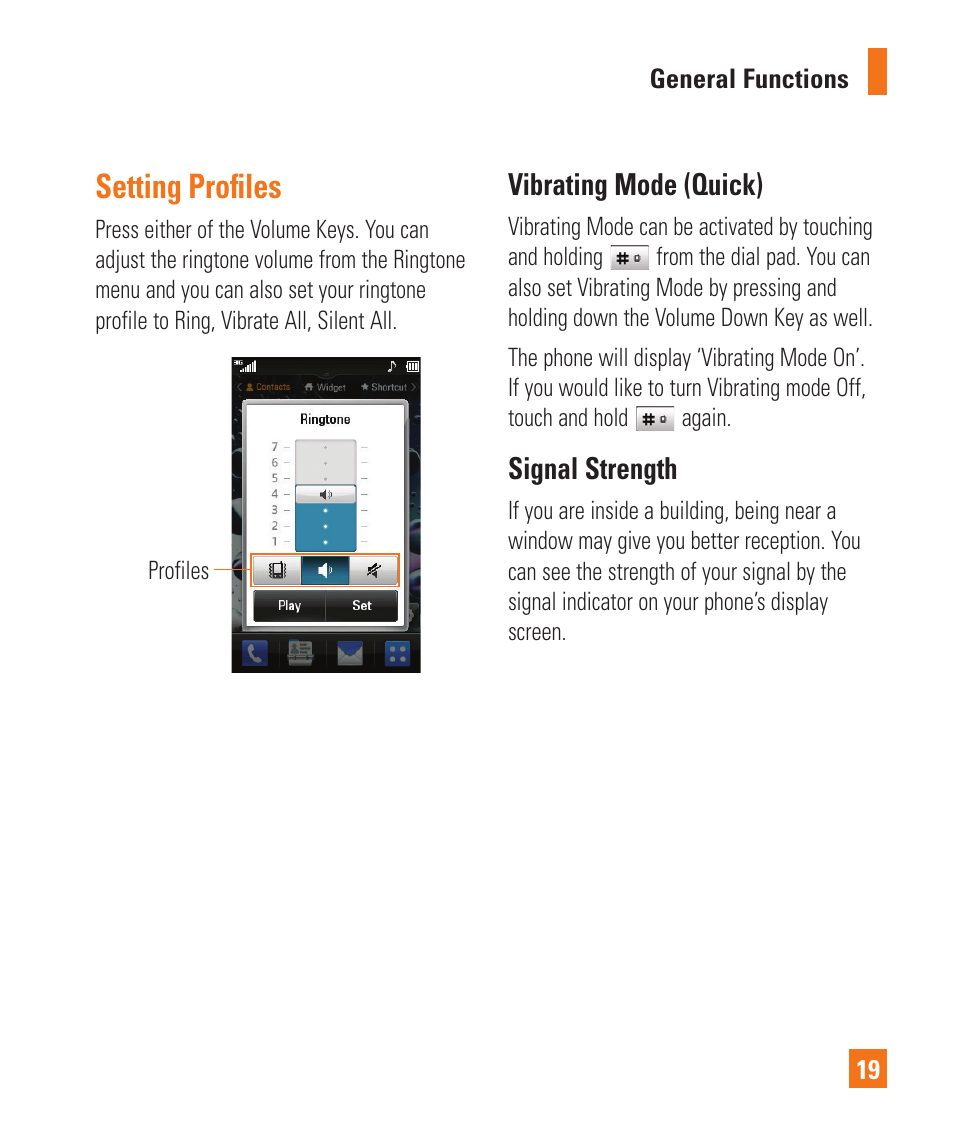 Setting profiles, Setting proﬁles | LG C395 User Manual | Page 19 / 120