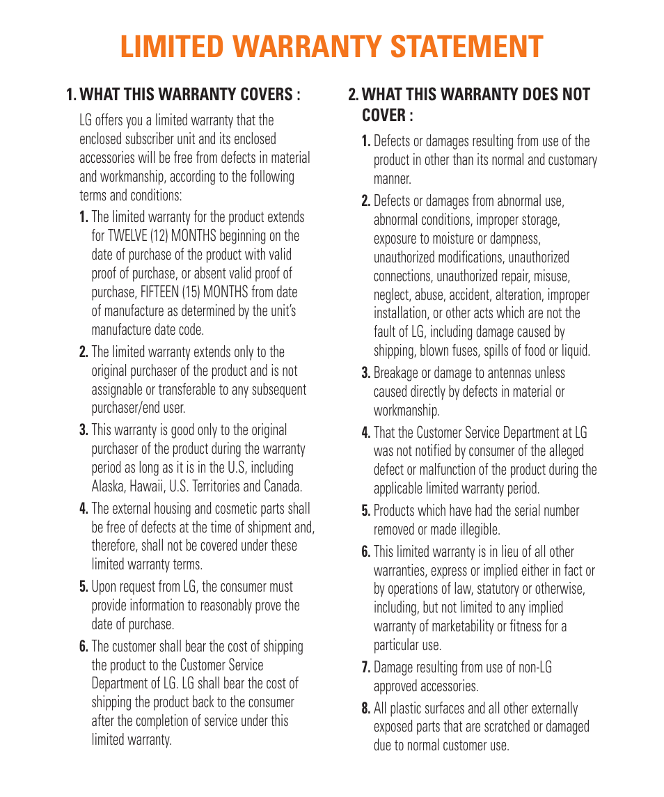 Limited warranty statement | LG C395 User Manual | Page 2 / 120