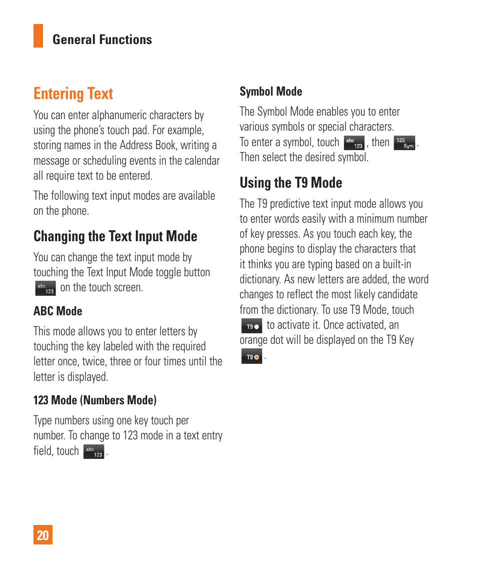 Entering text, Changing the text input mode, Using the t9 mode | LG C395 User Manual | Page 20 / 120