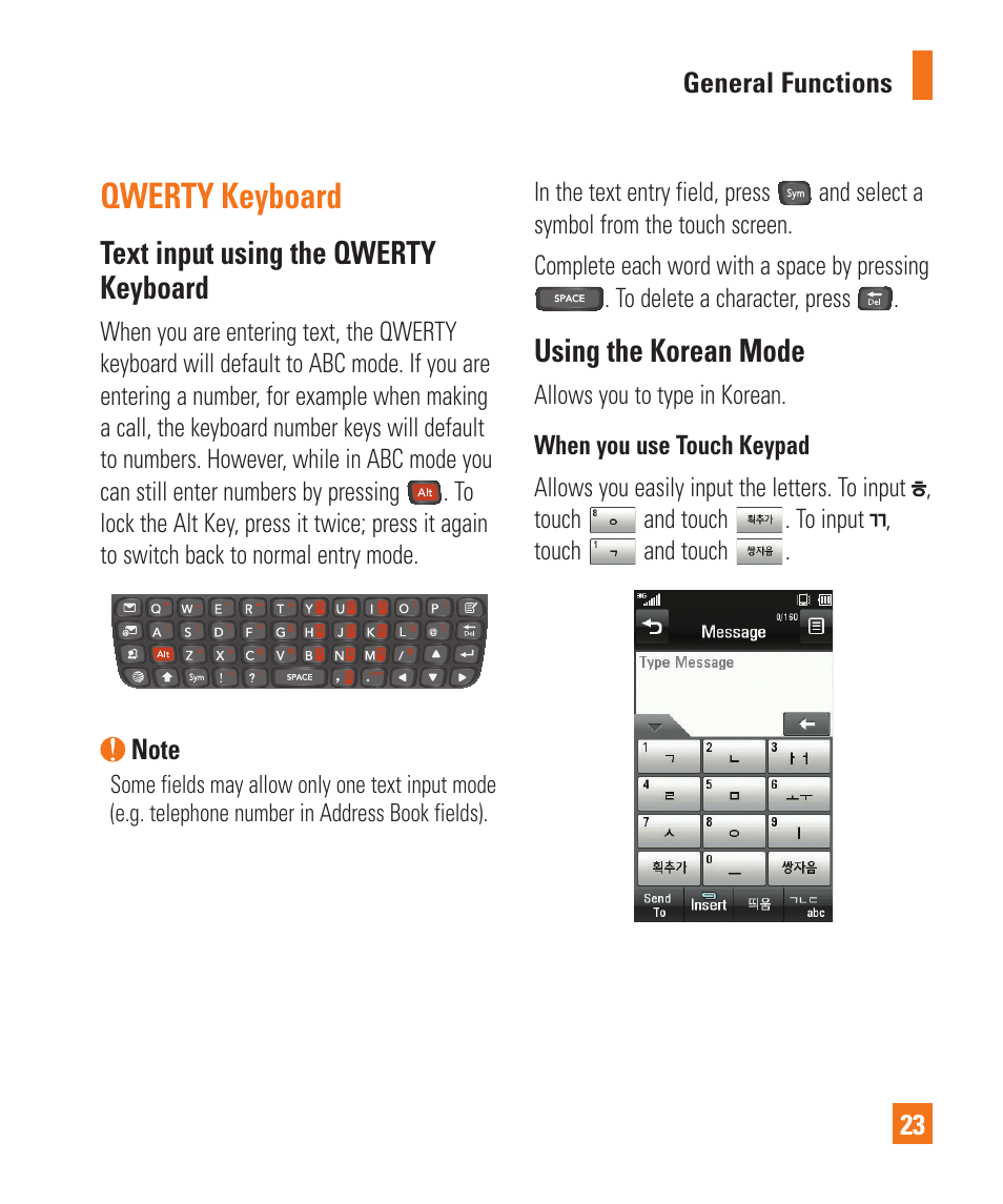 Qwerty keyboard, Text input using the qwerty keyboard, Using the korean mode | LG C395 User Manual | Page 23 / 120