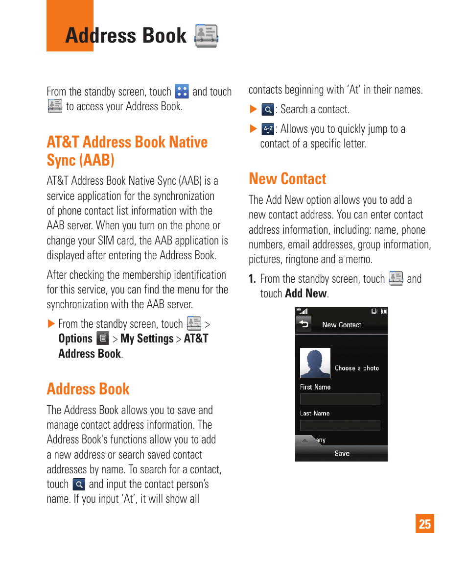 Address book, At&t address book native sync (aab), New contact | LG C395 User Manual | Page 25 / 120