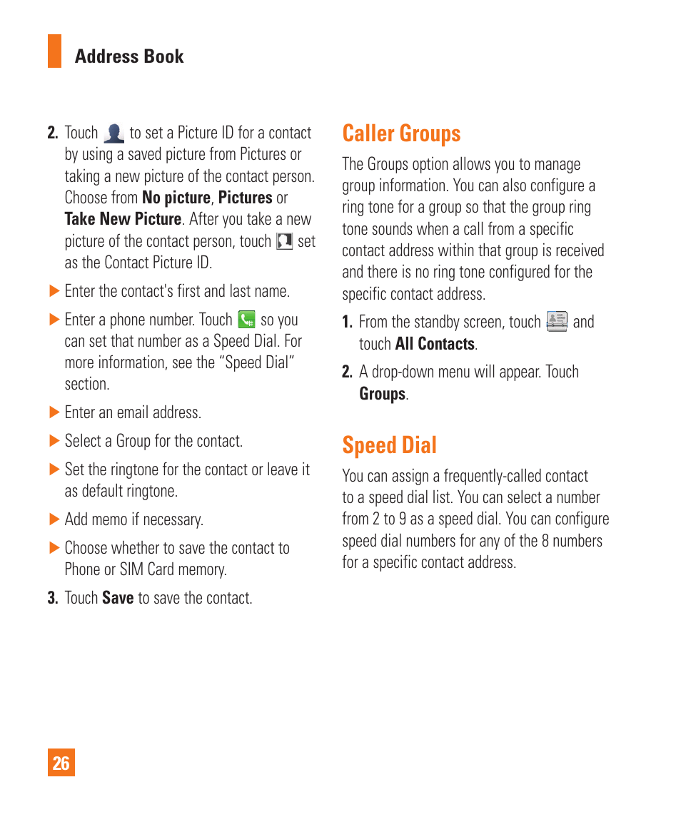 Caller groups, Speed dial | LG C395 User Manual | Page 26 / 120