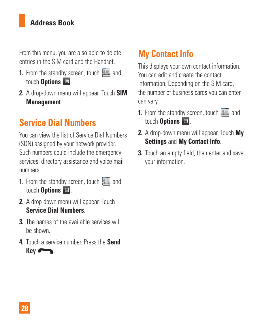 Service dial numbers, My contact info | LG C395 User Manual | Page 28 / 120