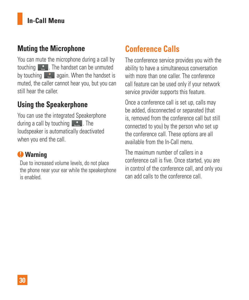 Muting the microphone, Using the speakerphone, Conference calls | LG C395 User Manual | Page 30 / 120