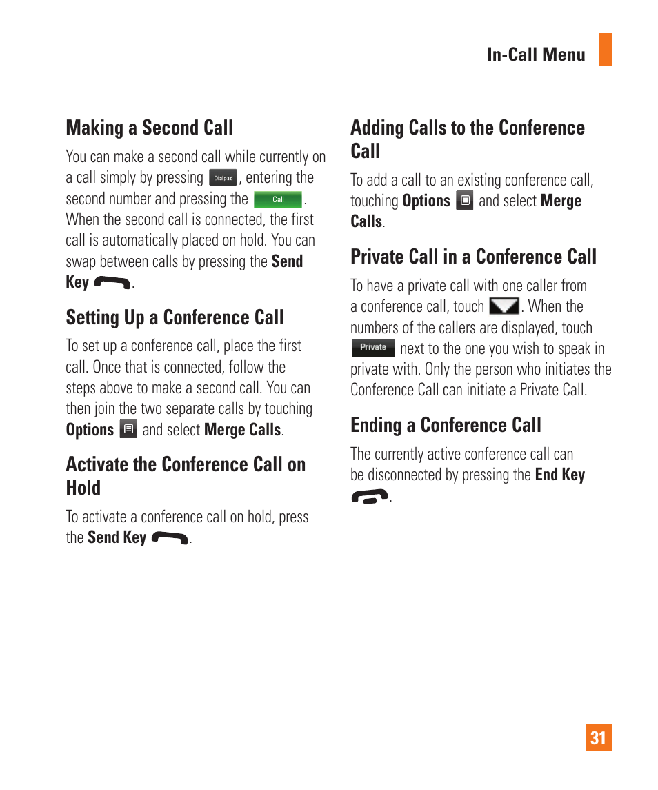 Making a second call, Setting up a conference call, Activate the conference call on hold | Adding calls to the conference call, Private call in a conference call, Ending a conference call | LG C395 User Manual | Page 31 / 120