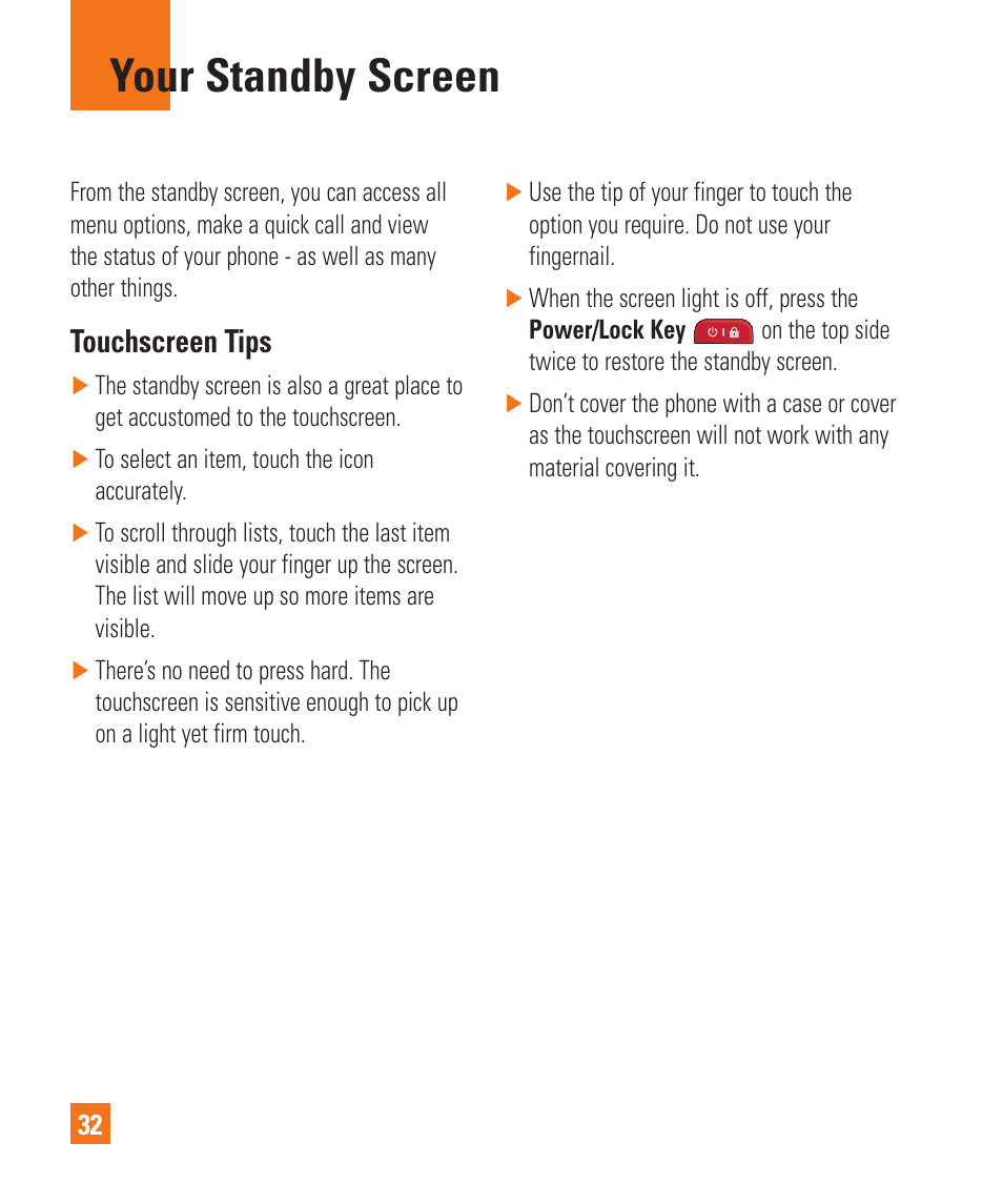 Your standby screen, Touchscreen tips | LG C395 User Manual | Page 32 / 120