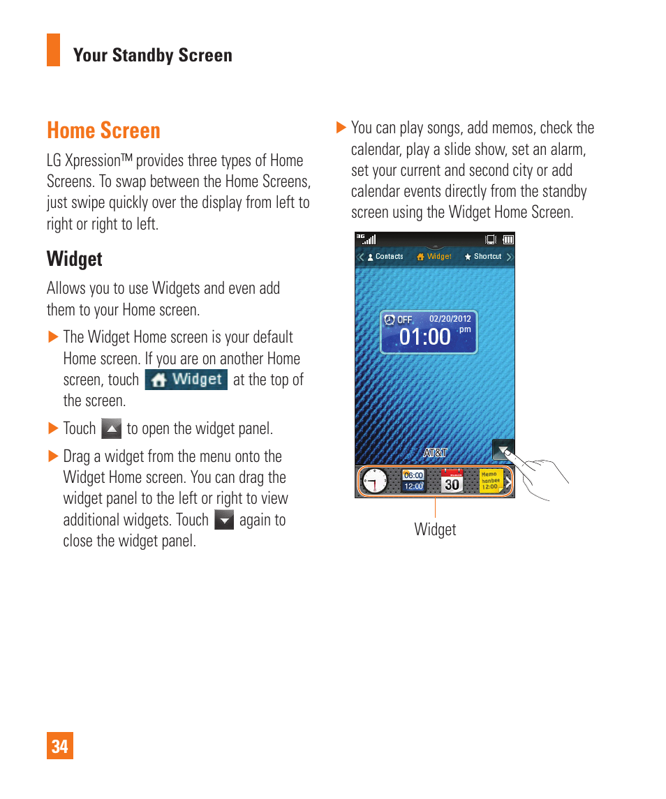 Home screen, Widget | LG C395 User Manual | Page 34 / 120