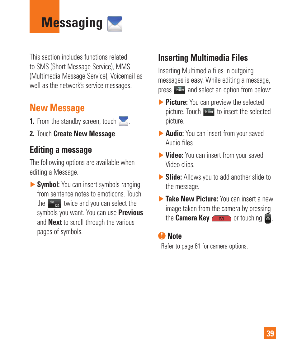 Messaging, New message, Editing a message | Inserting multimedia files | LG C395 User Manual | Page 39 / 120