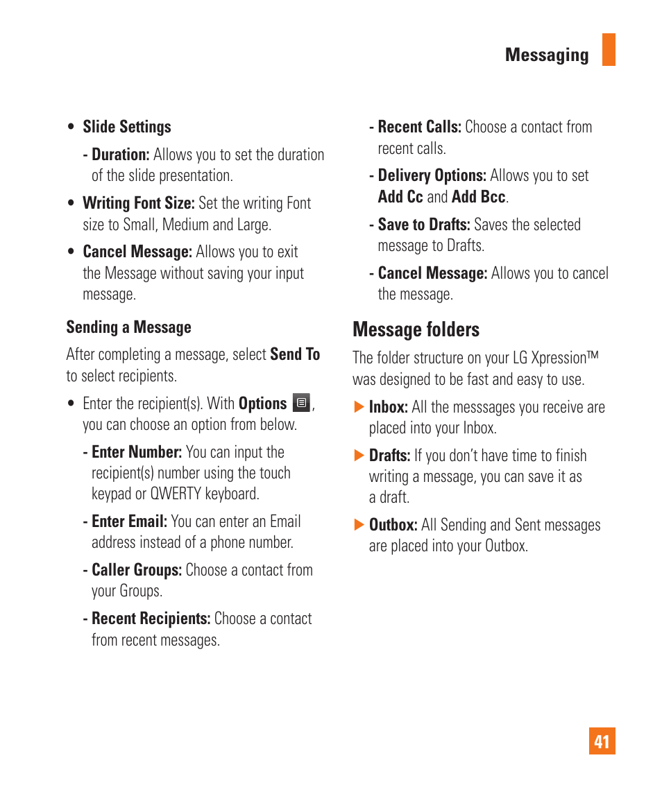 Message folders | LG C395 User Manual | Page 41 / 120