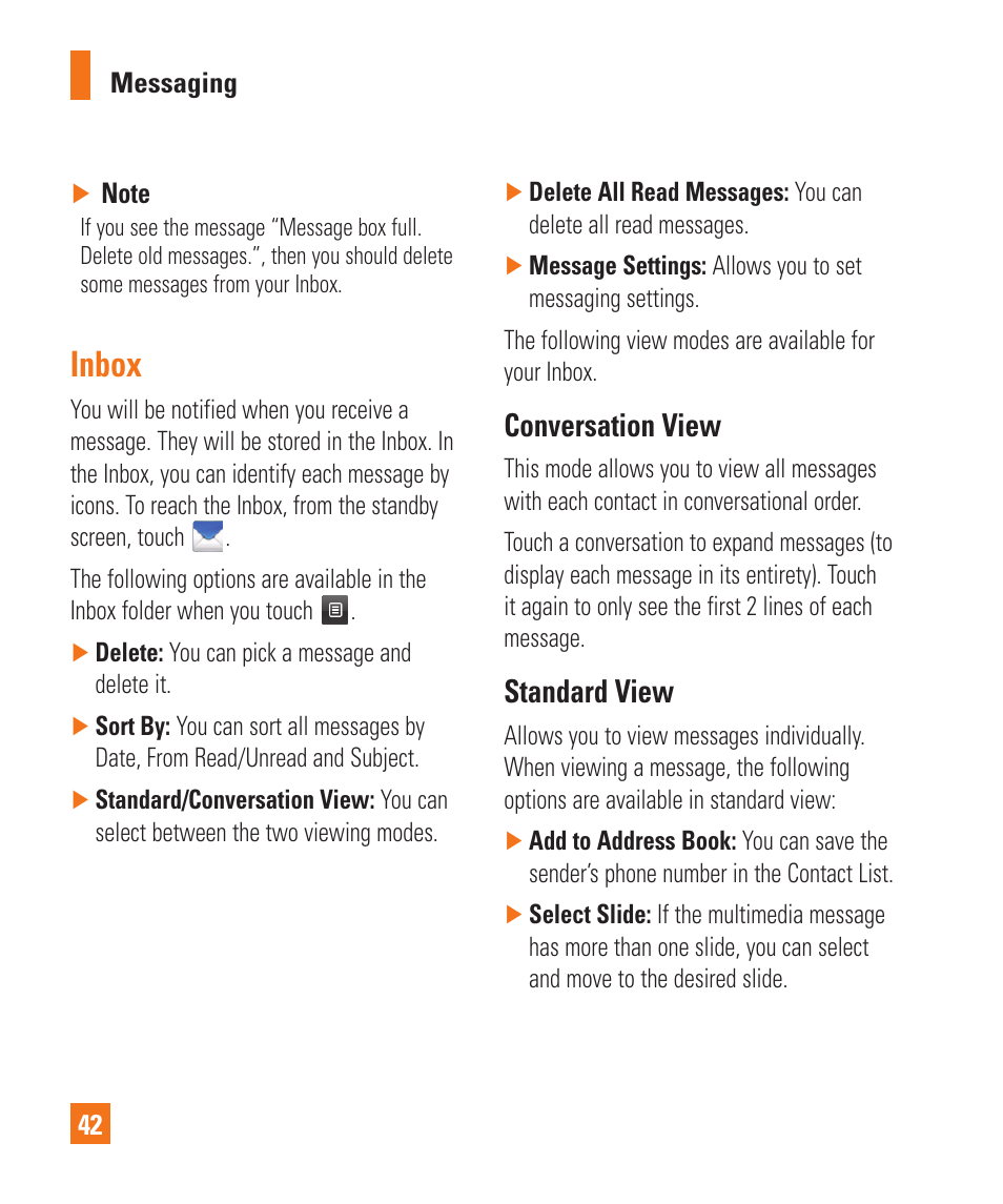 Inbox, Conversation view, Standard view | LG C395 User Manual | Page 42 / 120