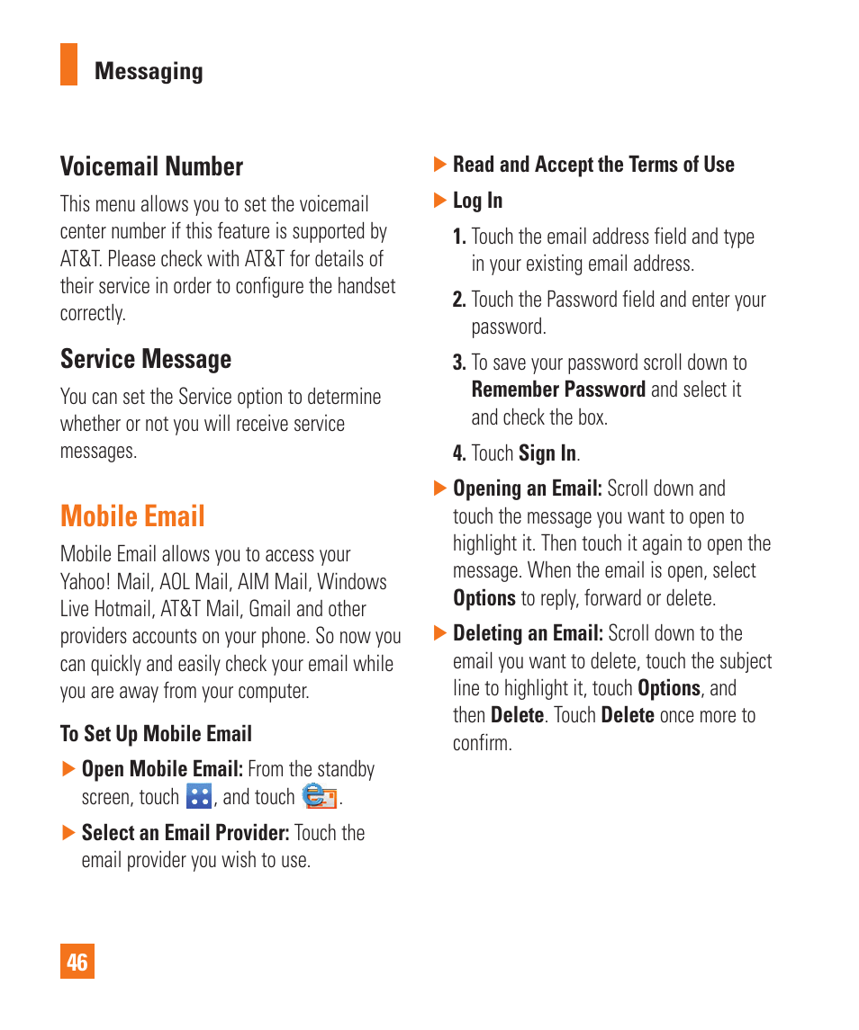 Voicemail number, Service message, Mobile email | LG C395 User Manual | Page 46 / 120