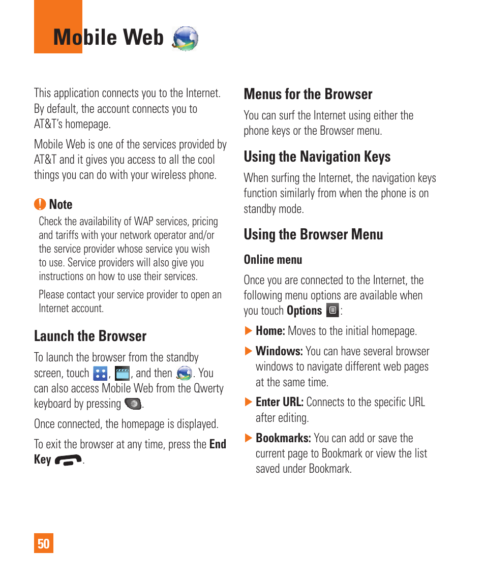 Mobile web, Launch the browser, Menus for the browser | Using the navigation keys, Using the browser menu | LG C395 User Manual | Page 50 / 120