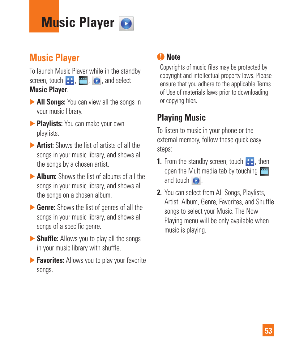 Music player, Playing music | LG C395 User Manual | Page 53 / 120