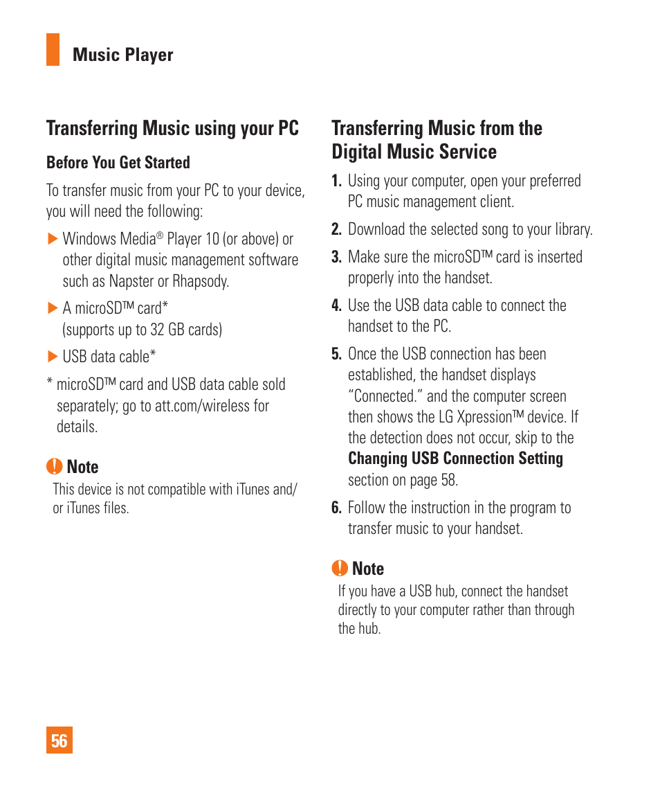 Transferring music using your pc, Transferring music from the digital music service | LG C395 User Manual | Page 56 / 120