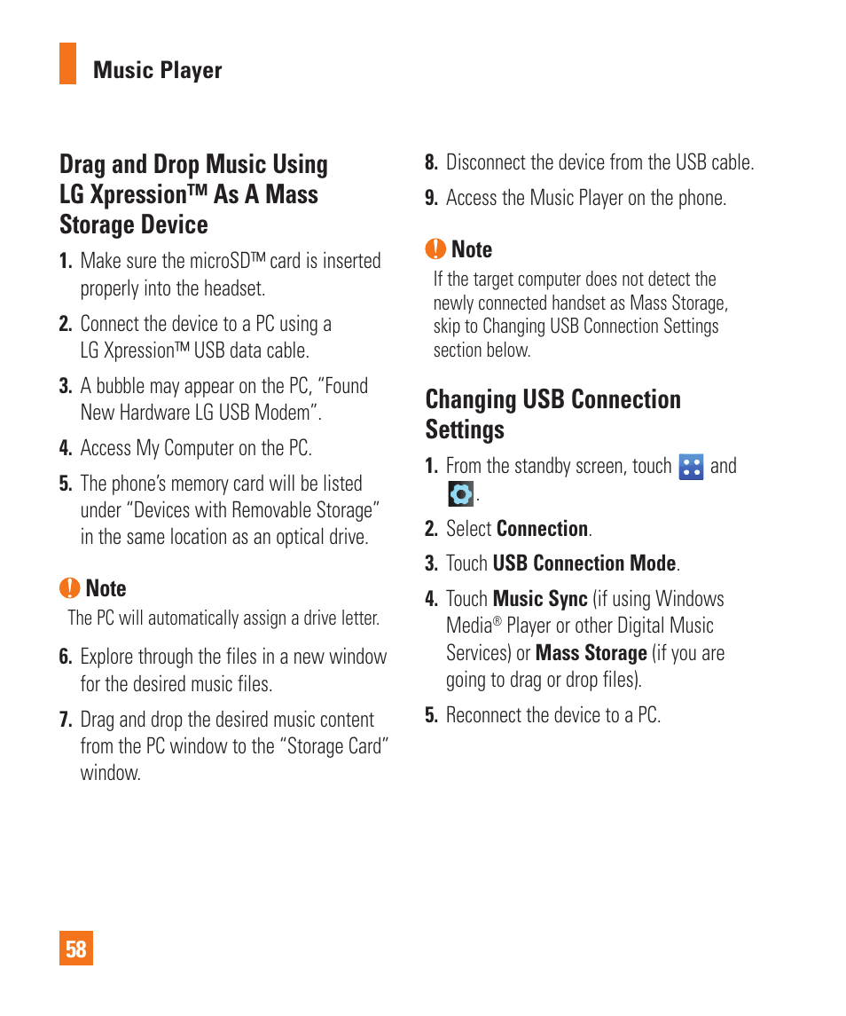 Changing usb connection settings | LG C395 User Manual | Page 58 / 120