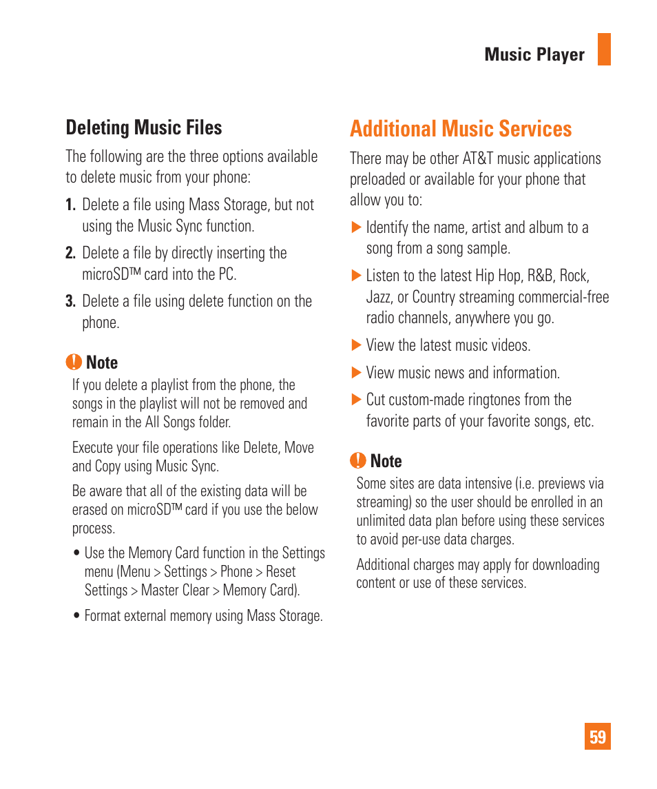 Additional music services, Deleting music files | LG C395 User Manual | Page 59 / 120