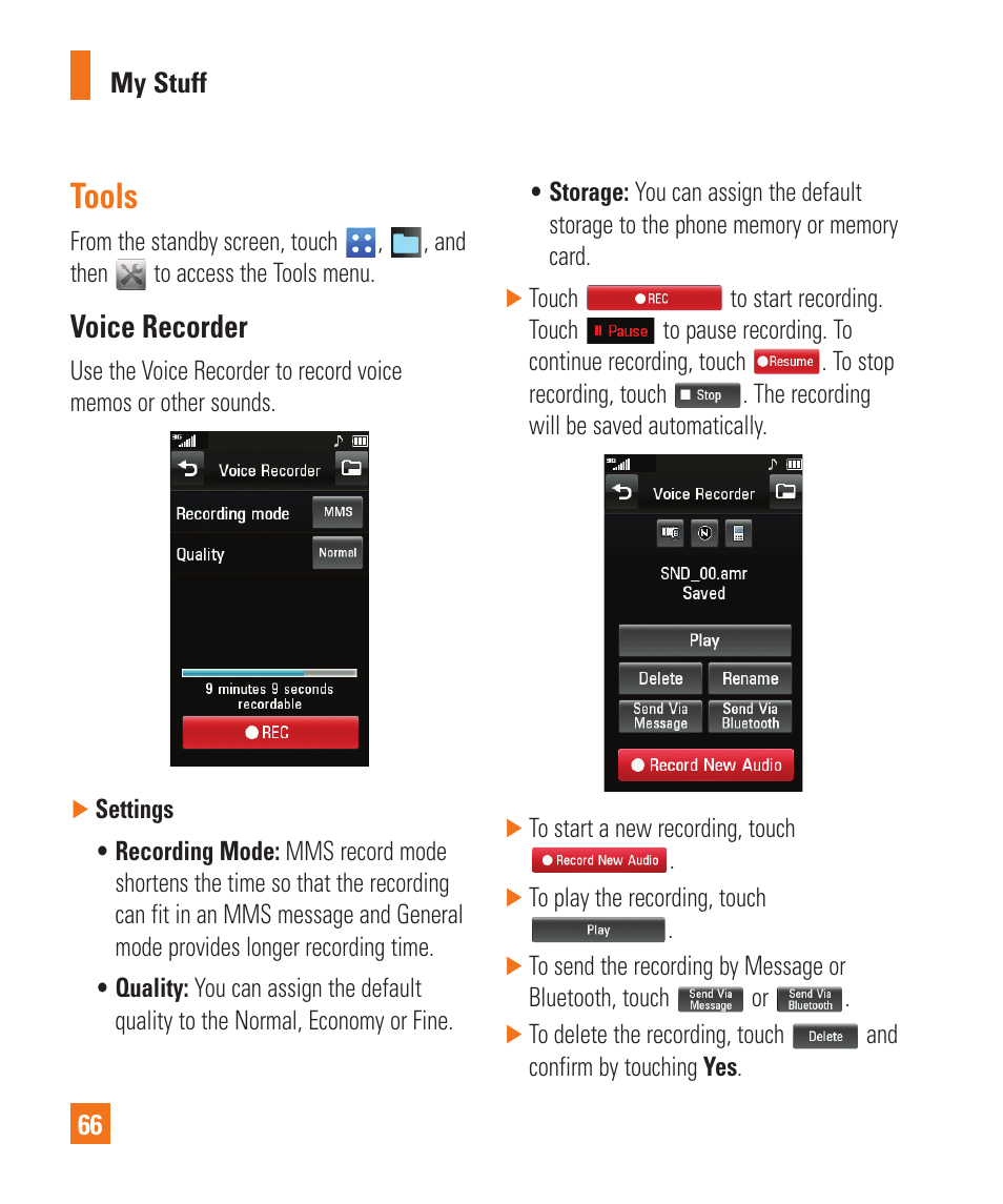 Tools, Voice recorder | LG C395 User Manual | Page 66 / 120