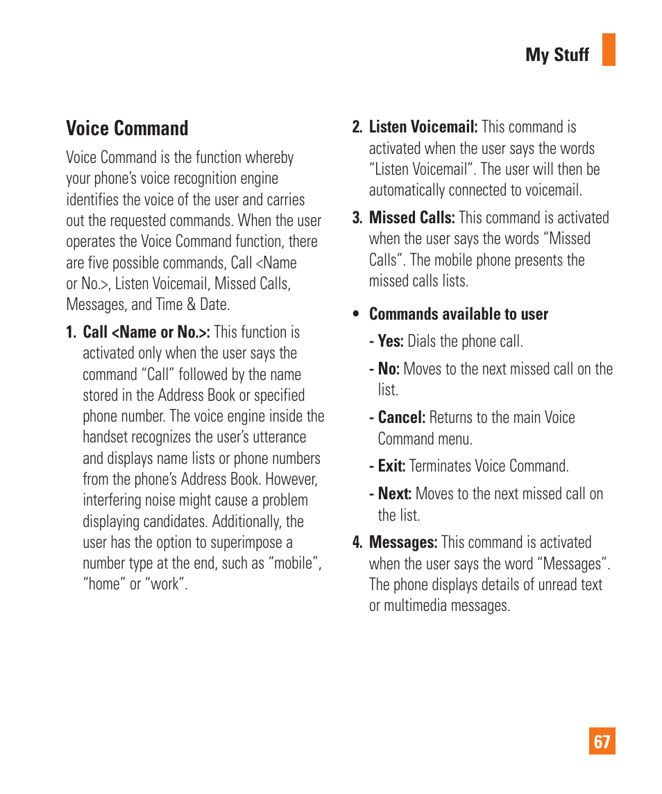 Voice command | LG C395 User Manual | Page 67 / 120