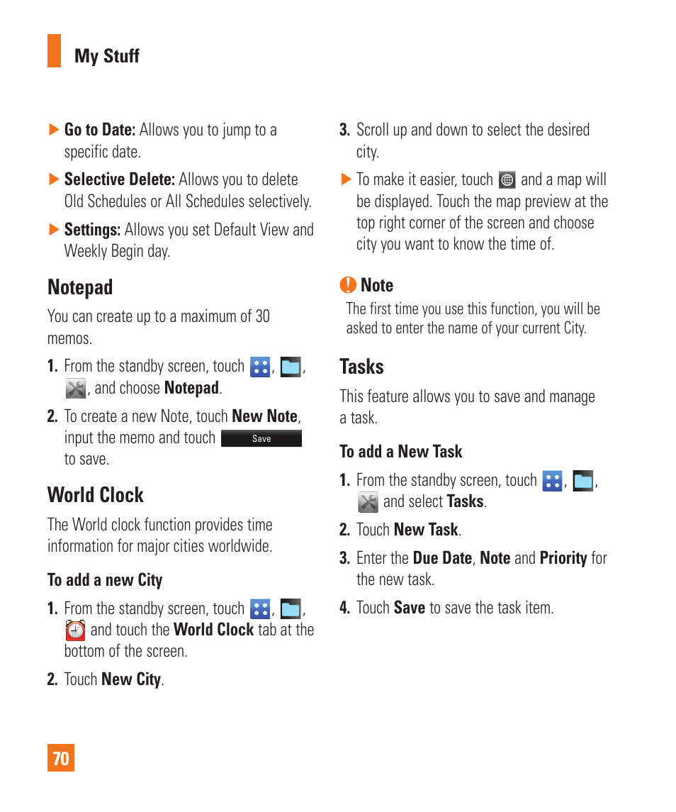 Notepad, World clock, Tasks | LG C395 User Manual | Page 70 / 120