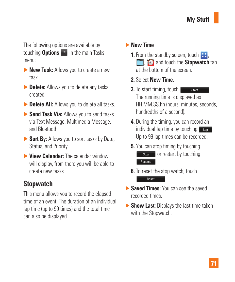 Stopwatch | LG C395 User Manual | Page 71 / 120