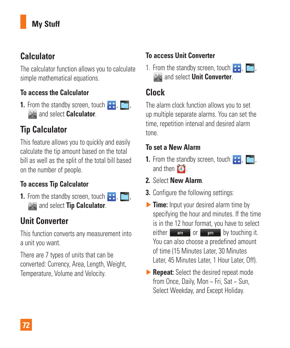 Calculator, Tip calculator, Unit converter | Clock | LG C395 User Manual | Page 72 / 120