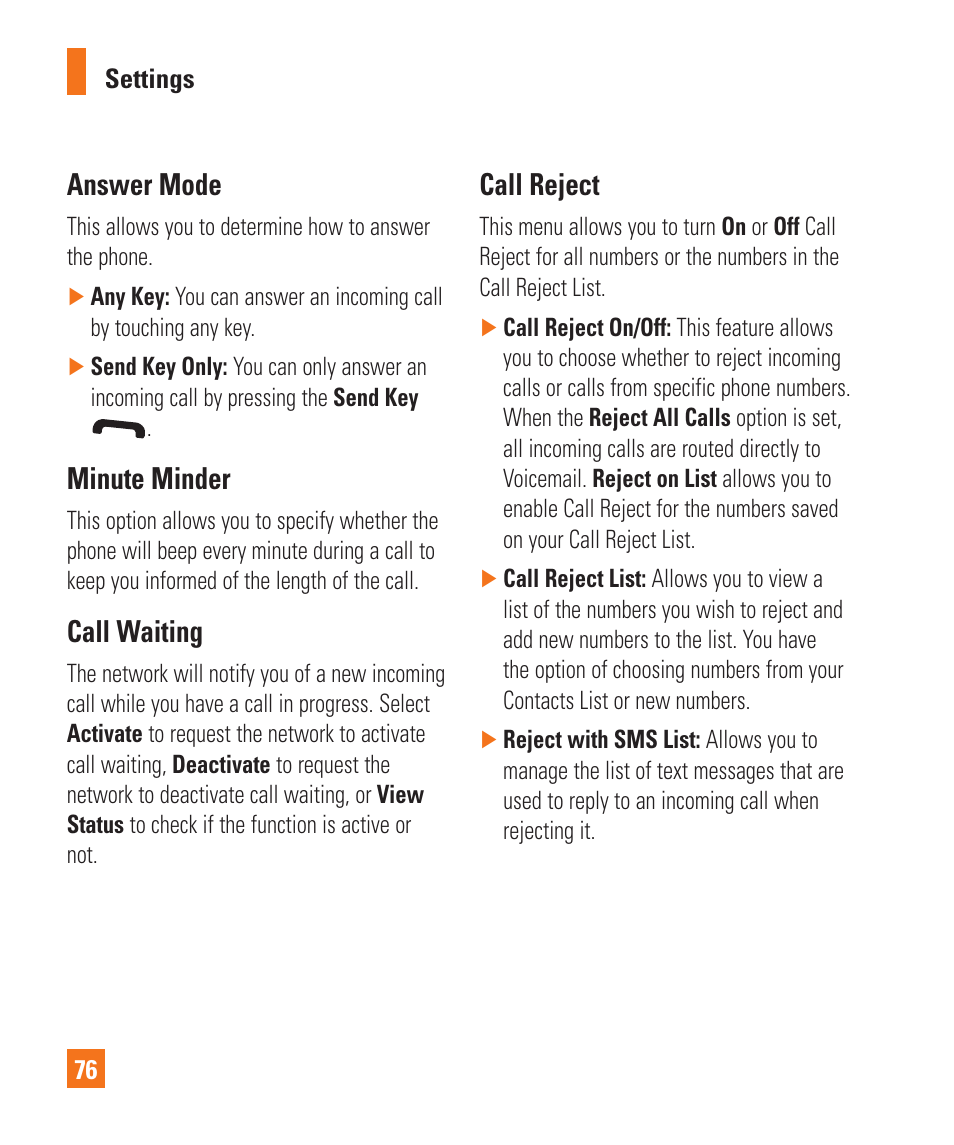 Answer mode, Minute minder, Call waiting | Call reject | LG C395 User Manual | Page 76 / 120