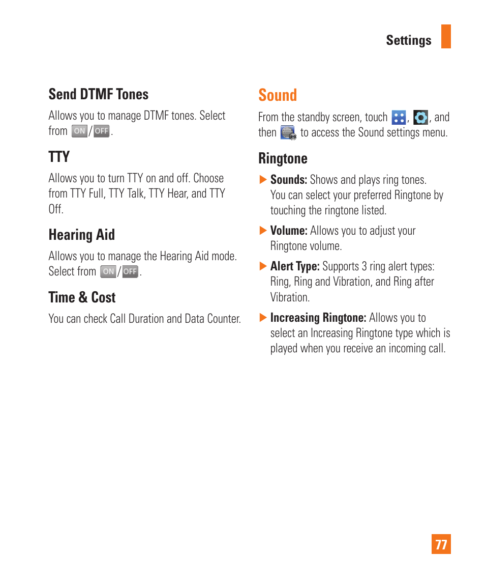 Send dtmf tones, Hearing aid, Time & cost | Sound, Ringtone | LG C395 User Manual | Page 77 / 120