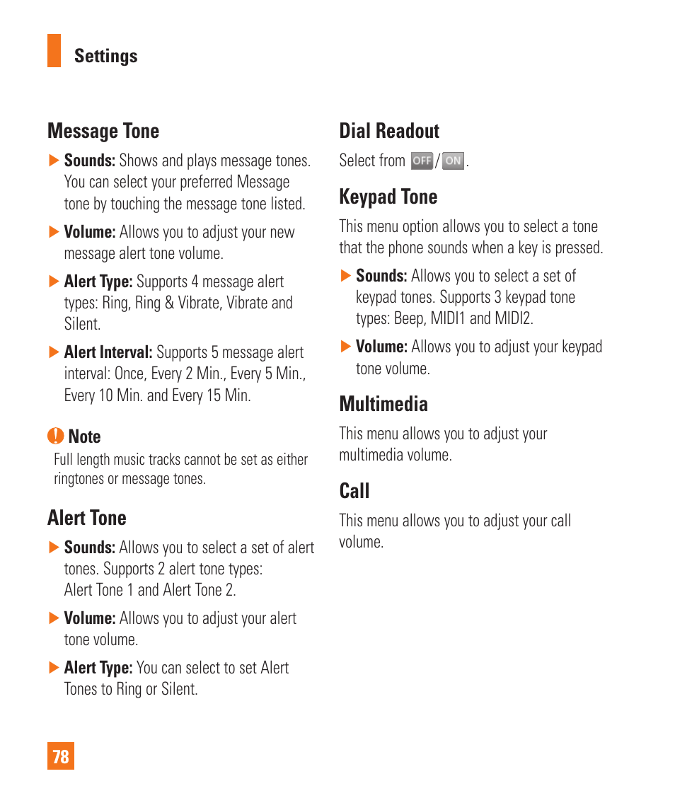 Message tone, Alert tone, Dial readout | Keypad tone, Multimedia, Call | LG C395 User Manual | Page 78 / 120