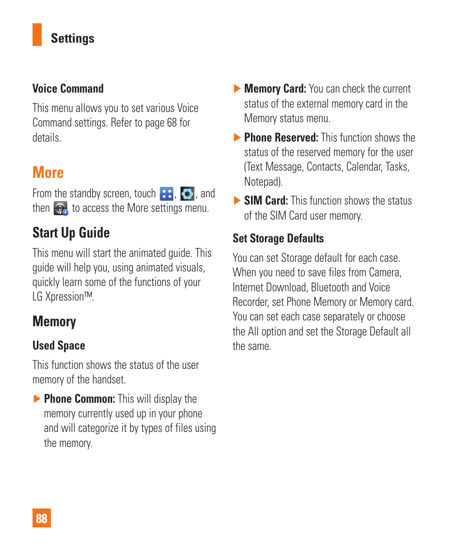 More, Start up guide, Memory | LG C395 User Manual | Page 88 / 120