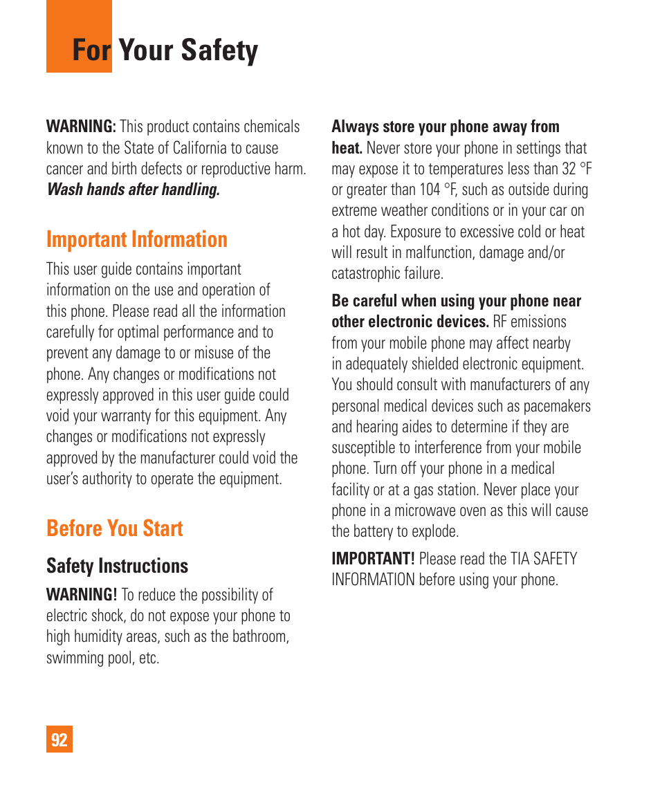 For your safety, Important information, Before you start | LG C395 User Manual | Page 92 / 120