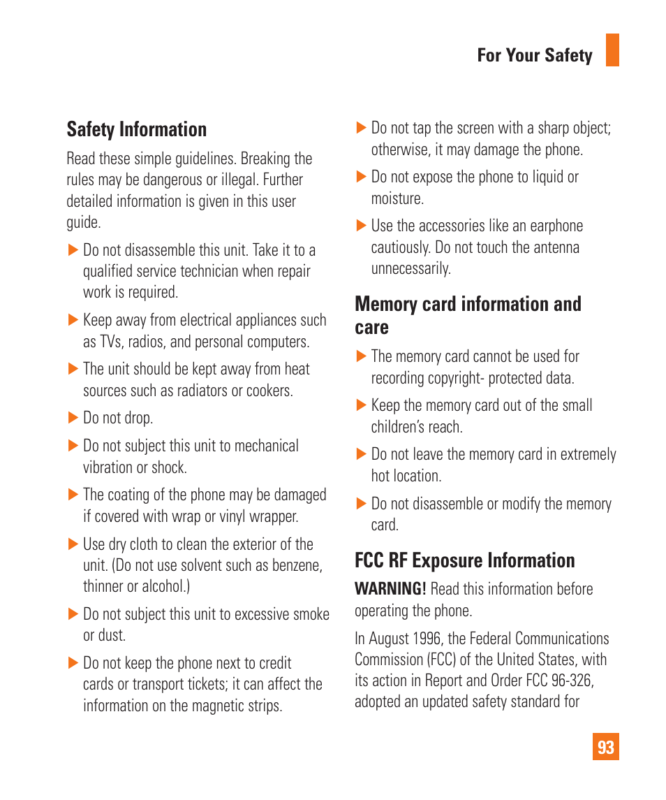 Safety information, Fcc rf exposure information | LG C395 User Manual | Page 93 / 120