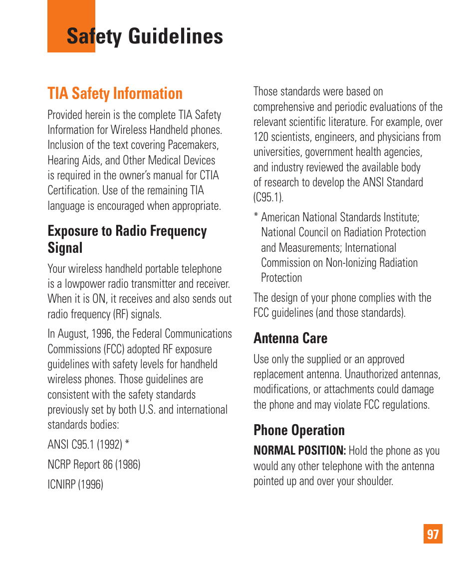 Safety guidelines, Tia safety information | LG C395 User Manual | Page 97 / 120