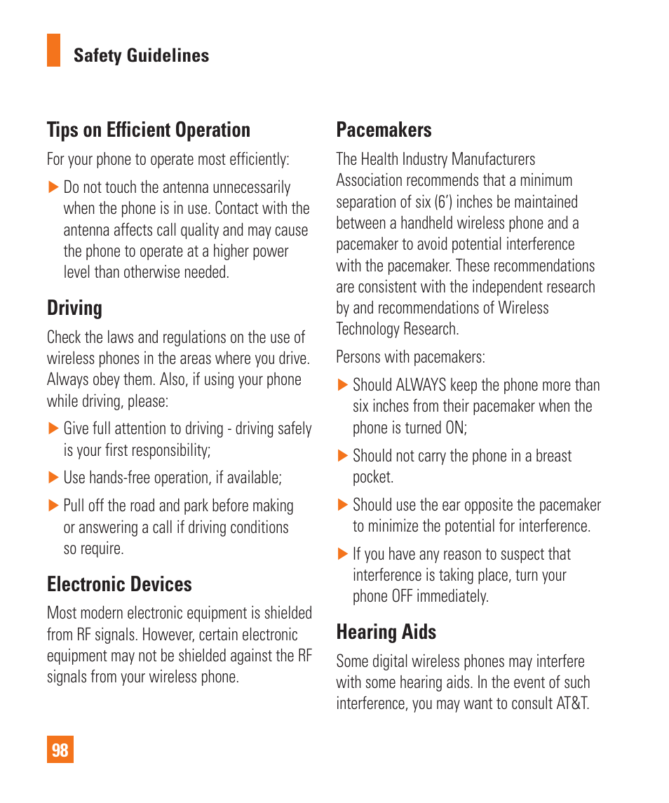 Tips on efficient operation, Driving, Electronic devices | Pacemakers, Hearing aids | LG C395 User Manual | Page 98 / 120