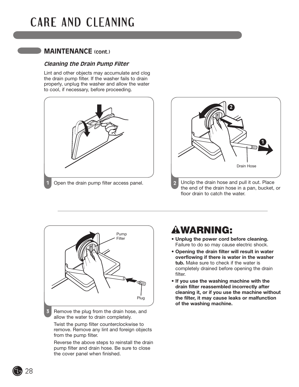 Wwarning, Maintenance | LG WM3477HS User Manual | Page 29 / 109