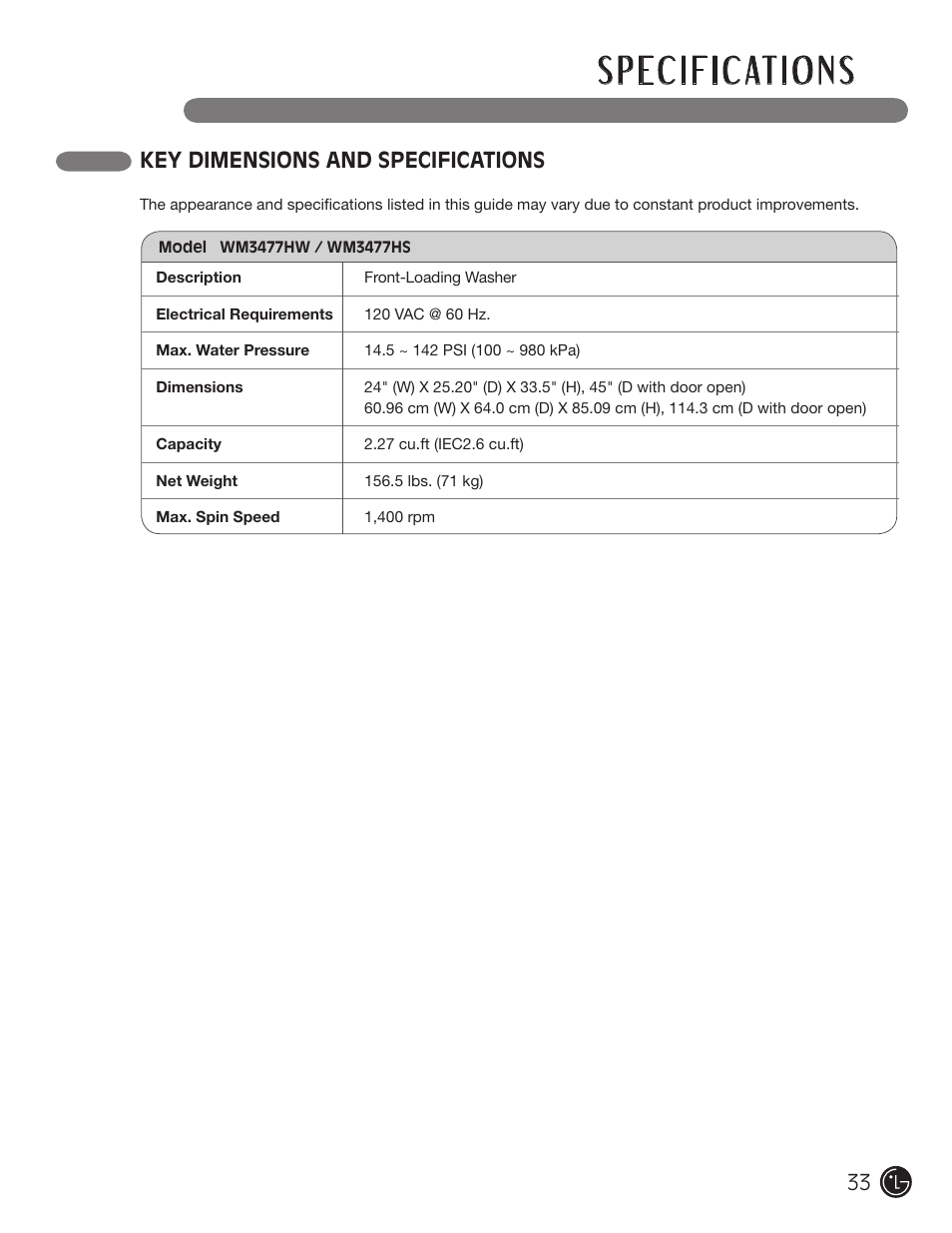 Key dimensions and specifications | LG WM3477HS User Manual | Page 34 / 109