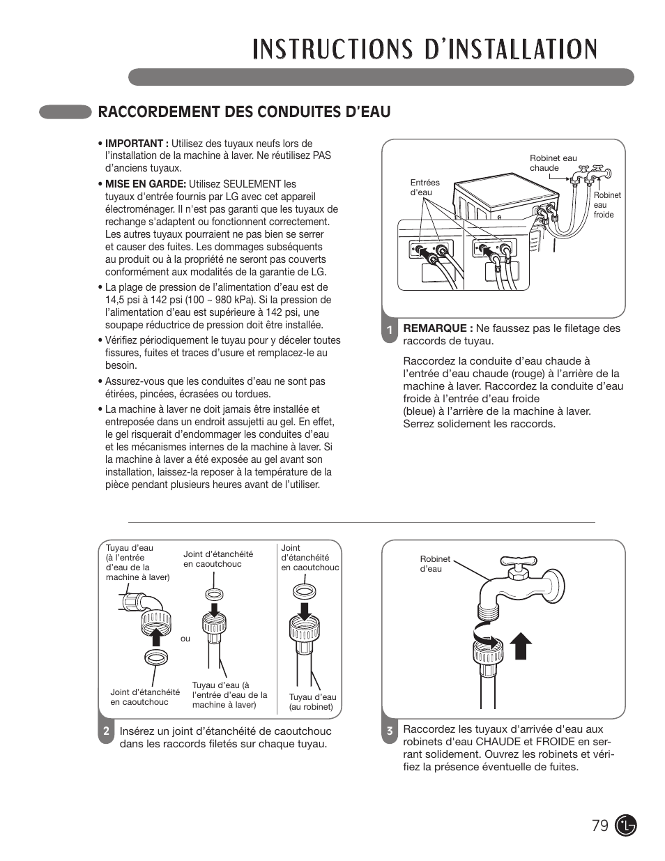 Raccordement des conduites d’eau | LG WM3477HS User Manual | Page 80 / 109