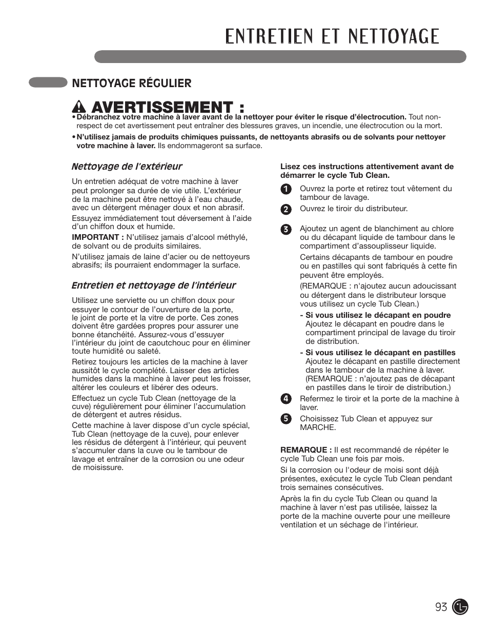 Wavertissement, Nettoyage régulier | LG WM3477HS User Manual | Page 94 / 109