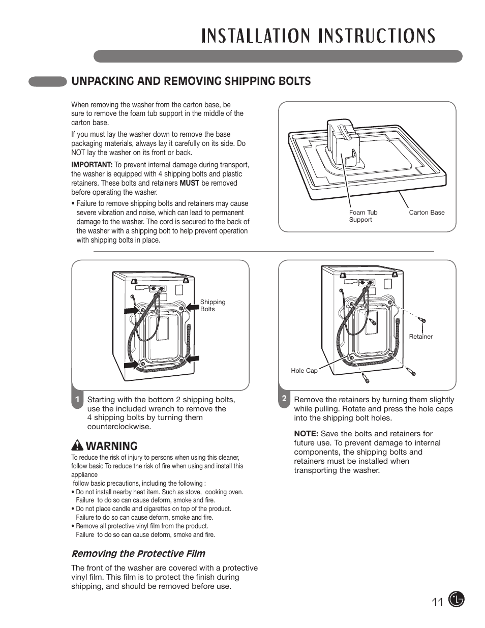 Unpacking and removing shipping bolts, Warning | LG WM3001HRA User Manual | Page 11 / 72