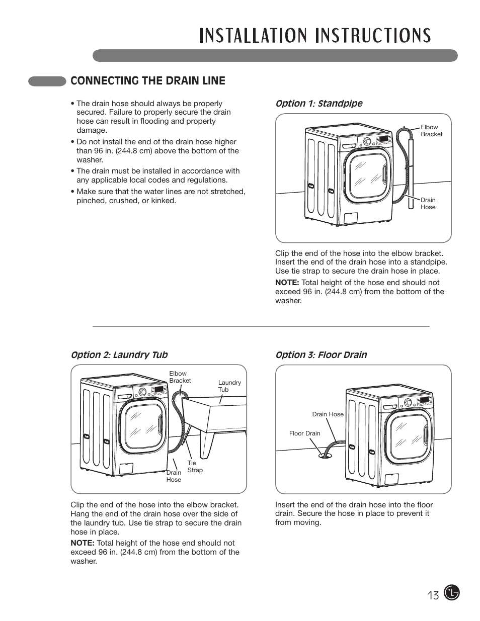 Connecting the drain line | LG WM3001HRA User Manual | Page 13 / 72
