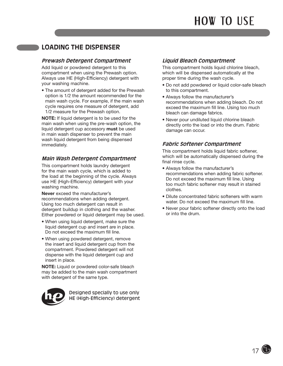 H o w to u s e, Loading the dispenser | LG WM3001HRA User Manual | Page 17 / 72