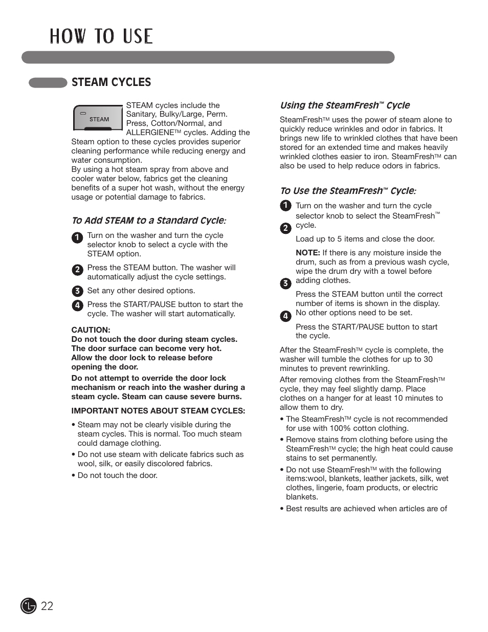 H o w to u s e, Steam cycles | LG WM3001HRA User Manual | Page 22 / 72